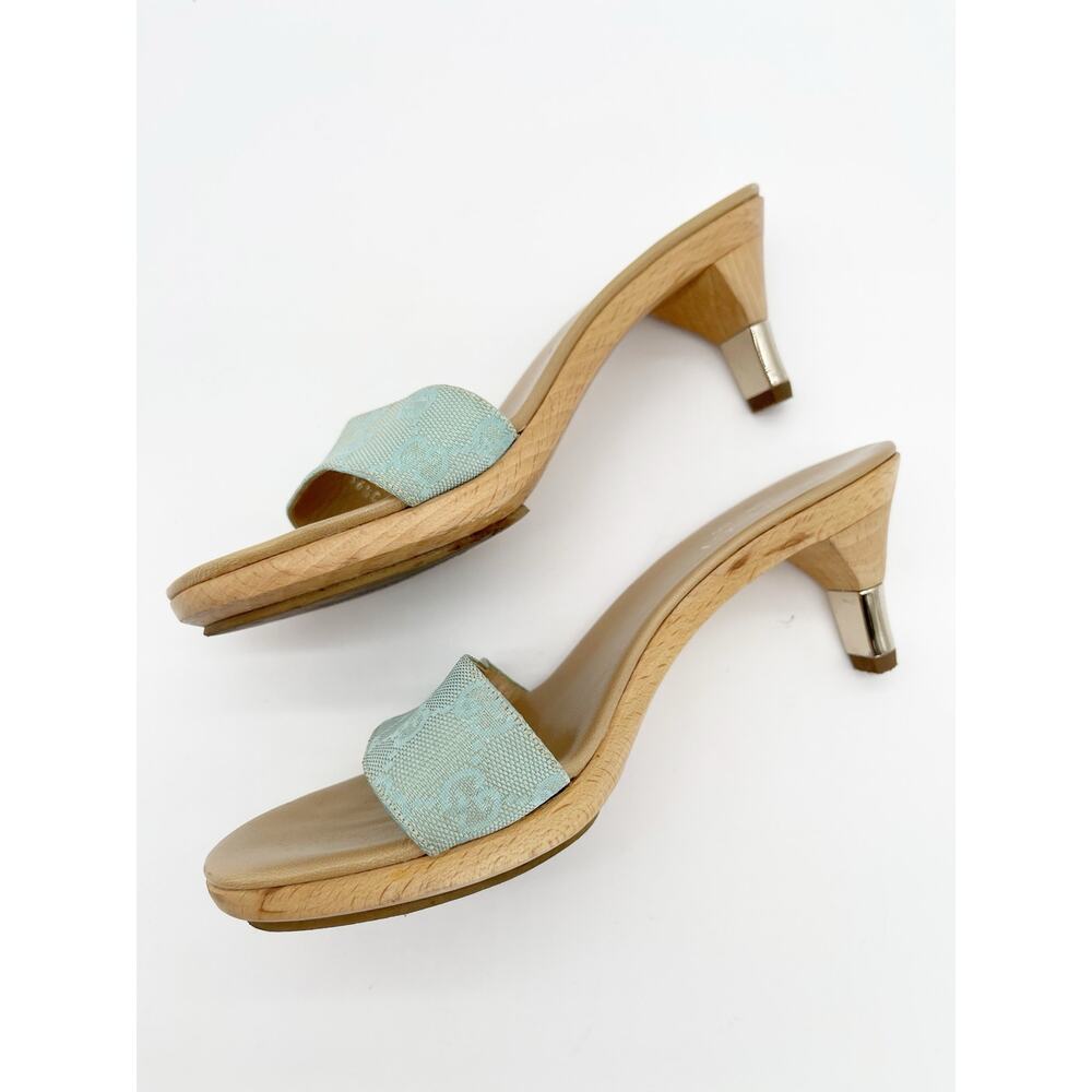 Gucci Vintage Teal GG Monogram Canvas Wooden Heel Slide Mule Sandals EU 36.5 - Picture 5 of 15